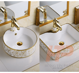Lavabo Sứ Cao Cấp Họa Tiết Vàng