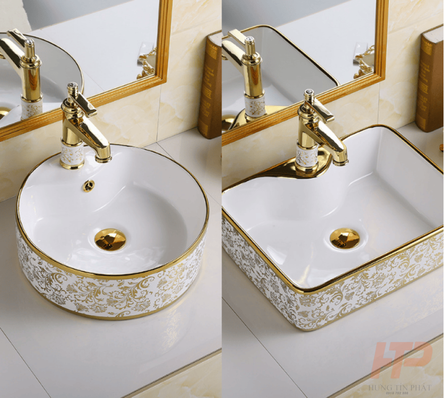 Lavabo Sứ Cao Cấp Họa Tiết Vàng