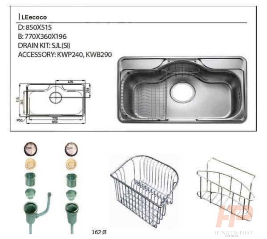 Chậu Inox một hố (Bao gồm Xiphong + 2 rổ)